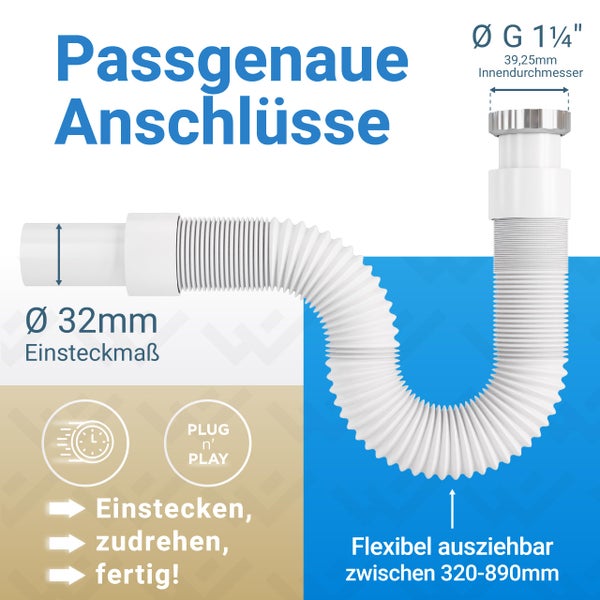 Flexibler Kunststoffsiphon mit 32 Millimeter Einsteckmaß und G 1 1/4 Zoll Anschluss, ausziehbar von 320 bis 890 Millimeter für einfache Montage.