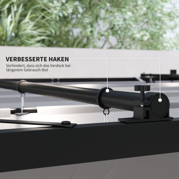 Nahaufnahme der verbesserten Haken an einer Metallstange für ein Pergola-Sonnendach mit Verriegelungsmechanismus.