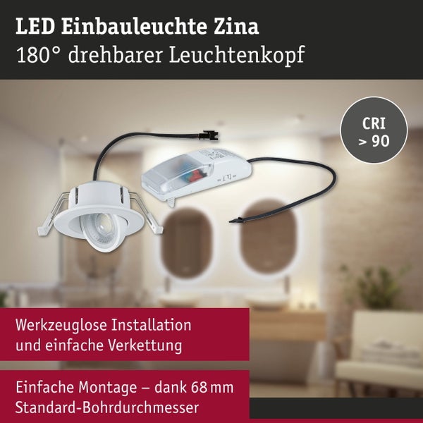LED Einbauleuchte Zina, 180 Grad drehbarer Kopf, hoher Farbwiedergabeindex, werkzeuglose Montage in 68 Millimeter Bohrlöchern.