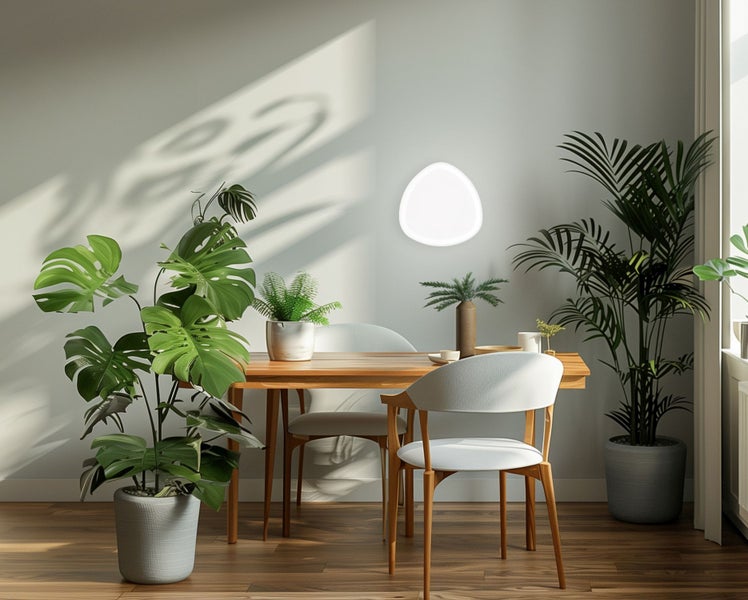 Helles Esszimmer mit Holztisch, Stühlen, großen Zimmerpflanzen wie Monstera und Palme sowie einer organisch geformten Wandleuchte.