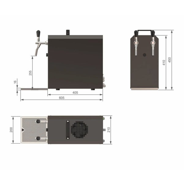Technische Zeichnung einer Bierzapfanlage mit Maßangaben