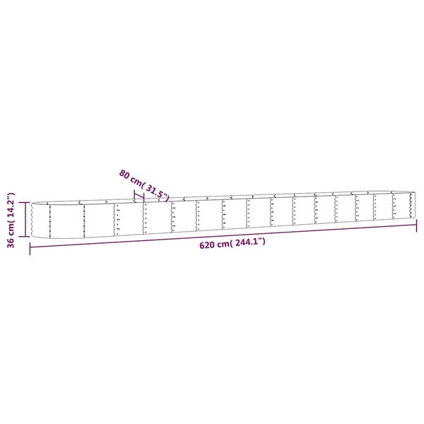 Hochbeet aus Metallpaneelen mit Massen: Länge 620 Zentimeter, Breite 80 Zentimeter, Höhe 36 Zentimeter.