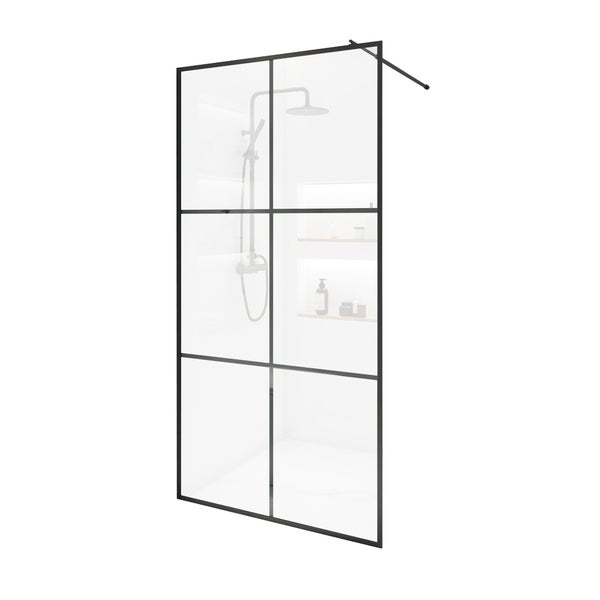 Home Deluxe - Duschabtrennung - BAKI - Breite: 140 cm, Schwarzer Rahmen, Klarglas, 6 Raster Optik - 10 mm ESG - Sicherheitsglas I Walk in Dusche, Duschwand, Duschtür