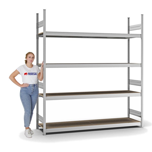 PROREGAL Weitspannregal Stecksystem T-Profil Grundregal HxBxT 250x225x50 cm 4 Ebenen Spanplatten Fachboden Fachlast 350 kg Verzinkt
