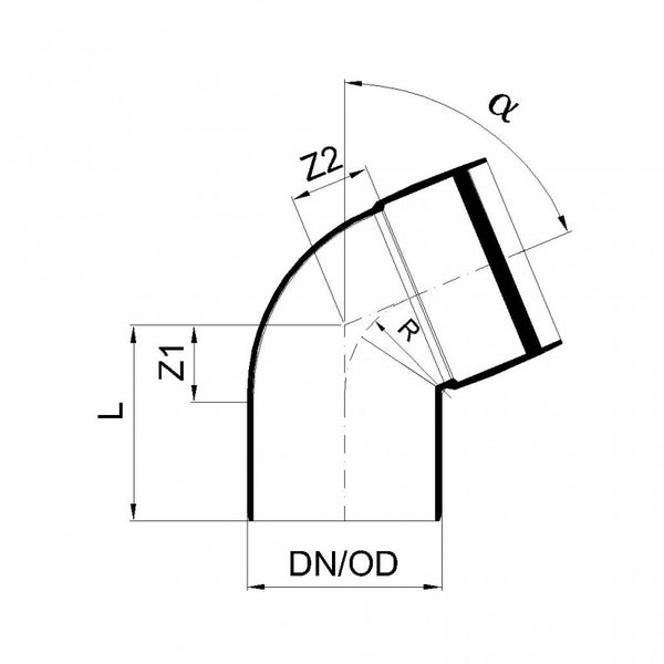 Technische Zeichnung eines Rohrbogens mit Angaben für Länge, Radius und Winkel.