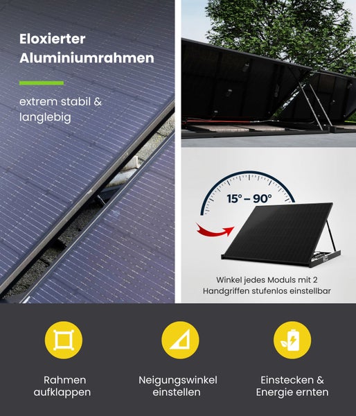 Solarpanel mit eloxiertem Aluminiumrahmen, verstellbarem Neigungswinkel von 15 bis 90 Grad und einfacher Handhabung zur Energieerzeugung.