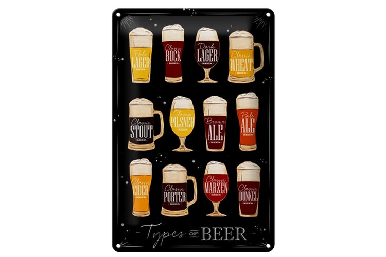 Blechschild Spruch 20x30cm Types of Beer Bier Sorten schwarz