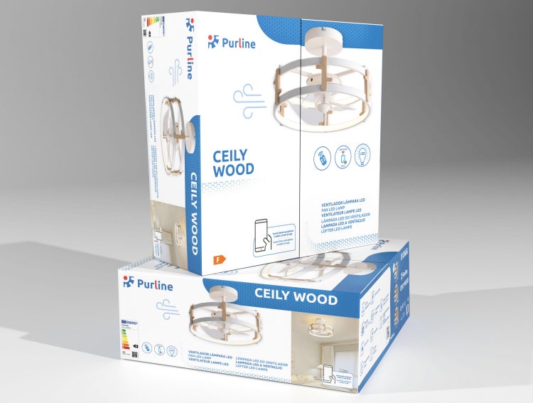 Verpackung der Purline Deckenleuchte mit Ventilator Ceily Wood