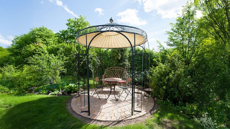 Pavillon ELEO Milano Ø 2,9 m schwarz - pulverbeschichtet | mit Dekorkugel und Sonnensegel ecru