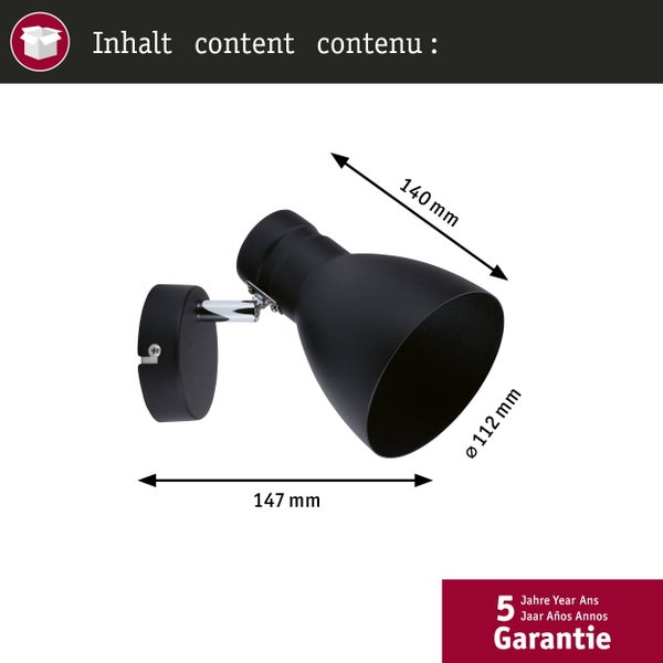 Schwarzer Wandstrahler mit 140 Millimeter Länge, 147 Millimeter Ausladung, 112 Millimeter Durchmesser und 5 Jahren Garantie.