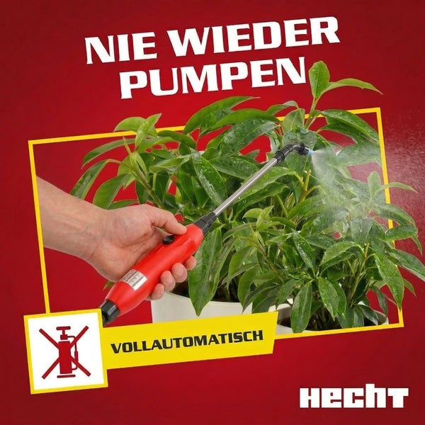 Vollautomatische Hecht Gartenspritze im Einsatz beim Besprühen von Pflanzen, kein manuelles Pumpen notwendig. Hecht Logo.