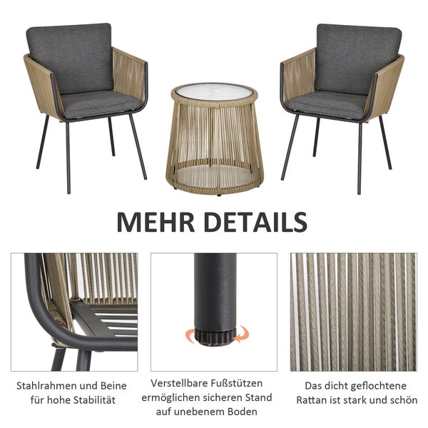 Outsunny 3-tlg. Rattan Gartenmöbel-Set, Sitzgruppe, Gartengarnitur mit 2 Gartenstühle mit Sitz-, Rückenkissen, Beistelltisch mit Hartglasplatte, für Balkon, Stahl, Grau