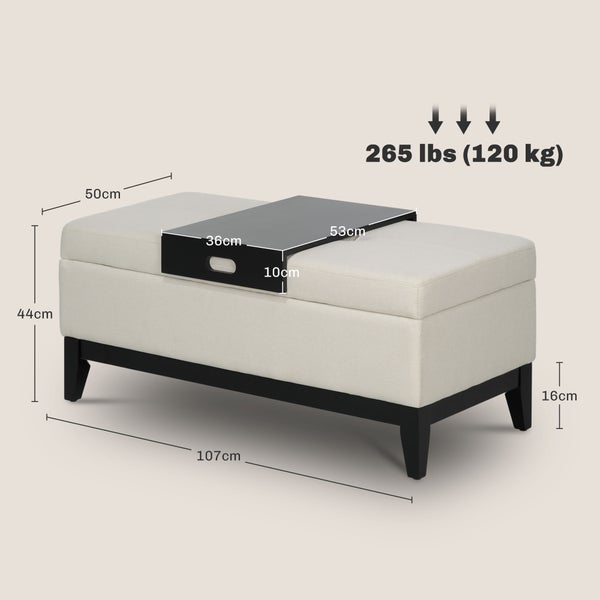 HOMCOM Sitzbank mit Stauraum, abnehmbarem Tablett Polsterbank mit Leinenoptik, Sitztruhe mit Holzbeine, Truhenbank für Wohnzimmer Schlafzimmer Flur 107 x 50 x 44 cm, Cremeweiß