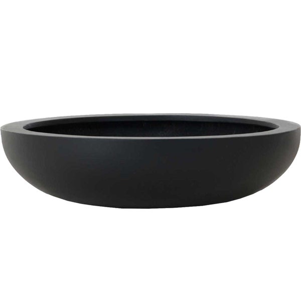 Flache, runde Pflanzschale aus Kunststoff in Schwarz für Garten und Terrasse.