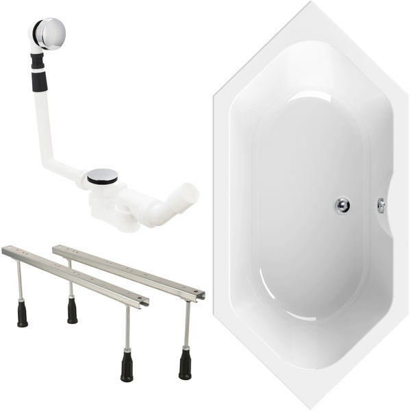 Sechseckige Badewanne in Weiß inklusive Ab- und Überlaufgarnitur sowie höhenverstellbaren Badewannenfüßen.