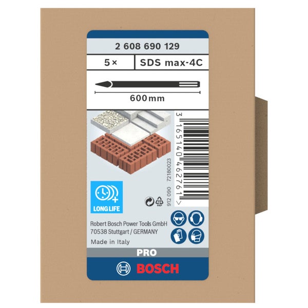 Verpackung von fünf Bosch SDS max-4C Bohrmeißeln, 600 mm Länge