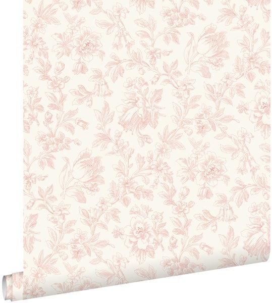 Rolle Tapete mit floralem Muster aus rosa gezeichneten Blumen und Blättern im Vintage-Stil.