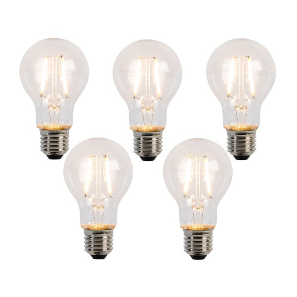 Set aus fünf LED Filament-Leuchtmitteln in klassischer Birnenform mit E27 Sockel und klarem Glas.
