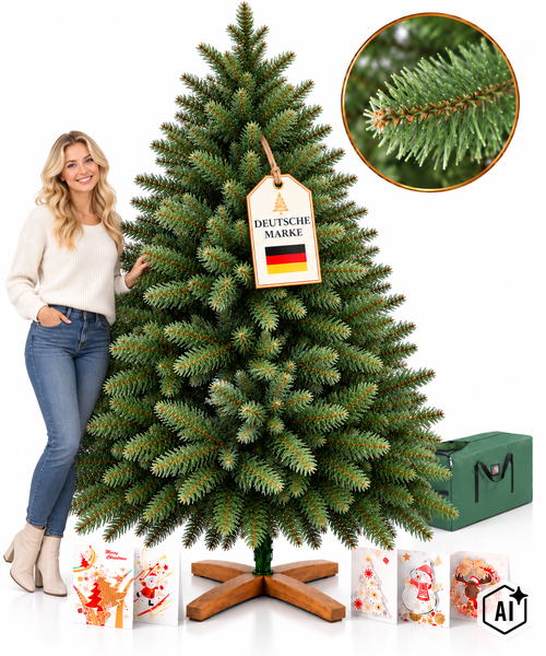 Künstlicher Weihnachtsbaum mit Holzständer und Tragetasche, stehende Frau daneben, Nahaufnahme der Nadeln und Anhänger mit deutscher Herkunft.