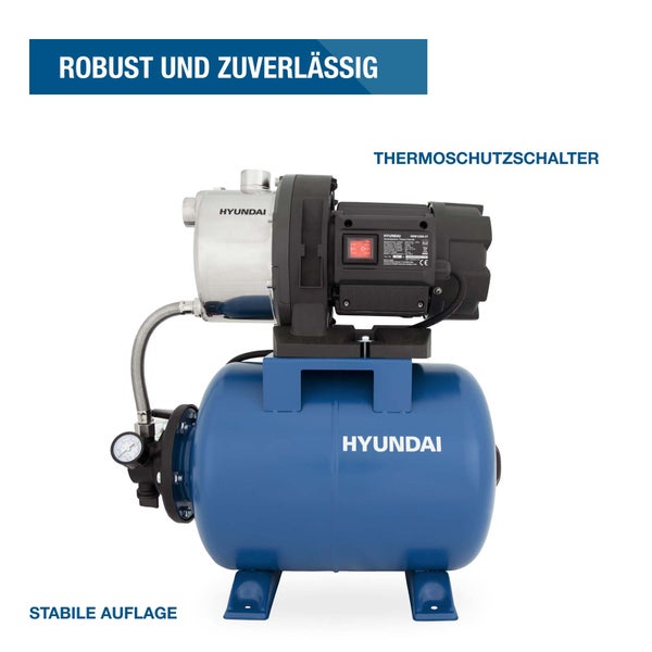 Hyundai Hauswasserwerk mit Thermoschutzschalter und stabiler Auflage für eine zuverlässige Wasserversorgung.