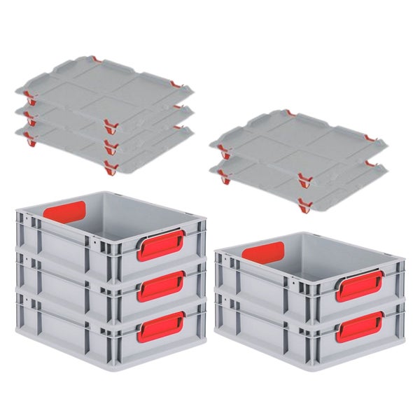 PROREGAL Spar Set 5x Eurobox Nextgen Color Mit Auflagedeckel & Schiebeschnappverschlüsse HxBxT 12 x 30 x 40 cm Griffe Rot Geschlossen Glatter Boden