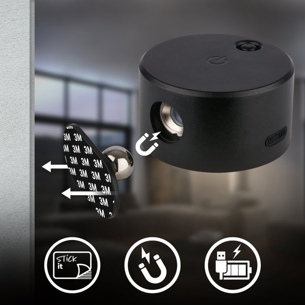Schwarze magnetische Wandleuchte mit 3M Klebepad, magnetischer Halterung und USB Ladefunktion.