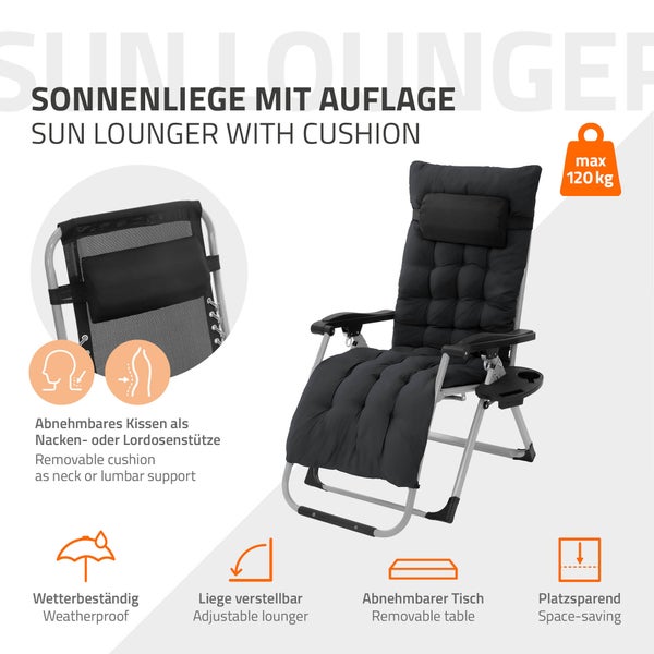 Hauki 2er Set Sonnenliege klappbar Schwarz, Liegestuhl mit Polster, Nackenkissen, Getränkehalter, Extra groß Gartenliege wetterfest, Zero Gravity Stuhl, Outdoor Relaxliege, Gartenstuhl mit Rückenlehne