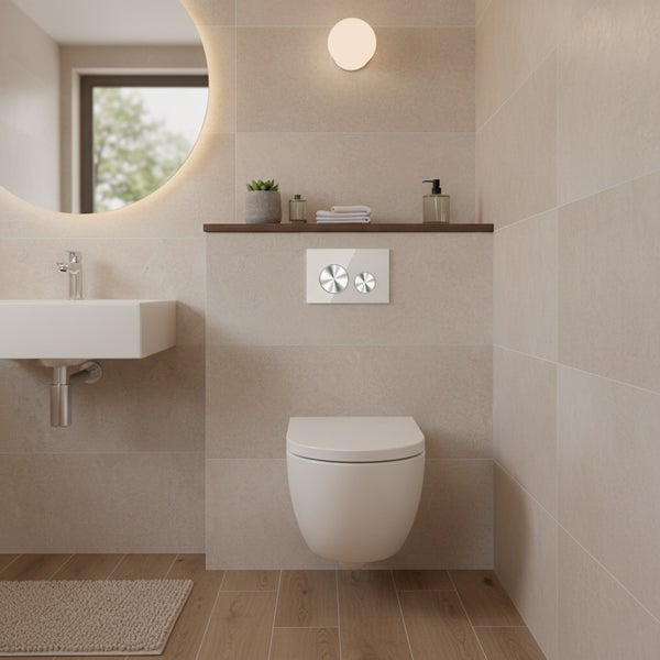 Helles Badezimmer mit Waschbecken, Toilette, Spiegel und Ablagefläche.