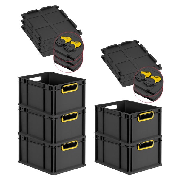 PROREGAL SuperSparSet 5x Eurobox NextGen Color mit Scharnierdeckel und Schiebeschnappverschlüssen, HxBxT 22x30x40cm, 20 Liter, Schwarz, Griffe gelb offen, Eurobehälter, Transportbox, Transportbehälter, Stapelbehälter