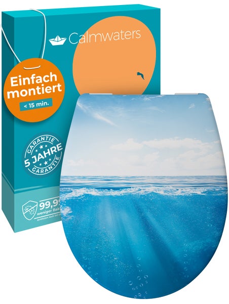 Calmwaters® WC Sitz Motiv Meeresglanz einfache Montage, Toilettendeckel bis 250 kg, Made in EU, antibakterieller Duroplast, Absenkautomatik, 2 Montage Optionen, abnehmbar, Klobrille, oval