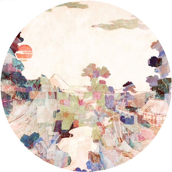 Abstrakte Landschaft mit Bergen, Bäumen und Haus im japanischen Stil