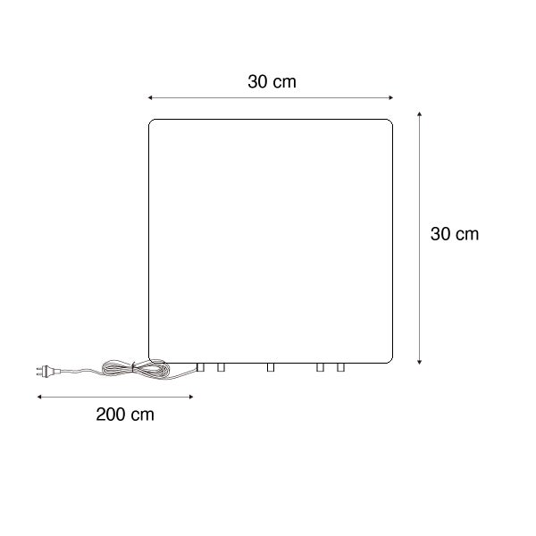 Maßzeichnung eines quadratischen Paneels: 30 Zentimeter Breite, 30 Zentimeter Höhe und ein 200 Zentimeter langes Kabel mit Stecker.