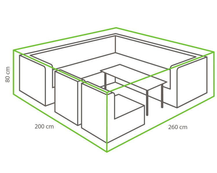 Abbildung einer Loungegruppe mit den Maßen 200 cm x 260 cm x 80 cm