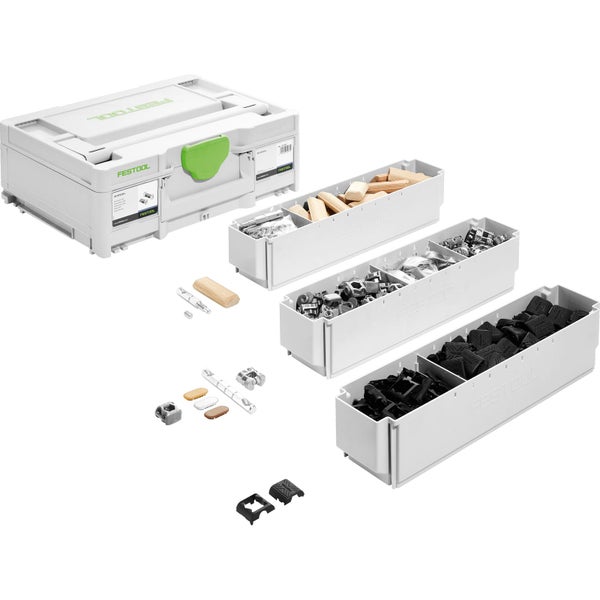 Festool Verbindersortiment SV-SYS D14 im Systainer mit Holzdübeln, Metallverbindern und Abdeckkappen in drei Einsatzboxen.