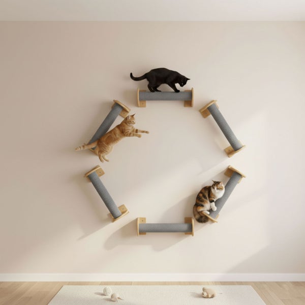 Wandmontiertes Kletter- und Kratzsystem in Hexagonform aus Holz und Textil mit drei Katzen an einer Innenwand.