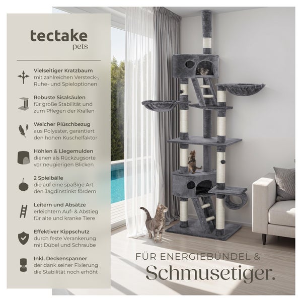 Kratzbaum tectake Hansi inklusive 2 Treppen, 2 Spielbällen, Deckenspanner und Kippschutz 243 bis 260 cm grau