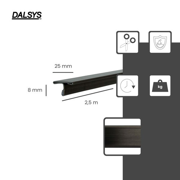 Dalsys T-Profil, 25 Millimeter breit, 8 Millimeter hoch, 2,5 Meter lang. Symbole für Kürzbarkeit, Schutz und schnelle Montage. Dalsys Logo.
