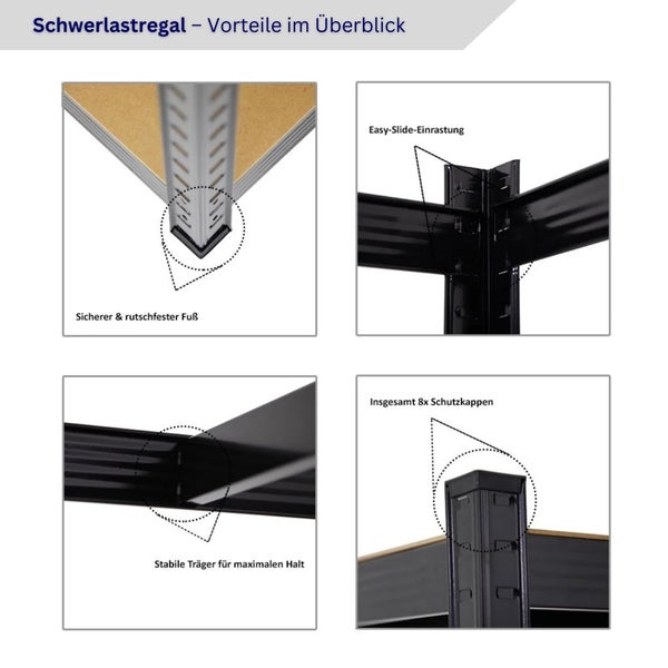 Schwarzes Metallregal, vier Holzböden, zwölf transparente Boxen mit Deckel, je 45 Liter. Siegel Deutscher Händler.