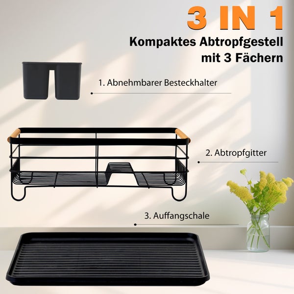 CHEFGASTRO Abtropfgestell Geschirr | HxBxT 14x42x30cm | Stahl/Holz | mit Besteckhalter & Abtropfbrett, Geschirrabtropfgestell Abtropfständer