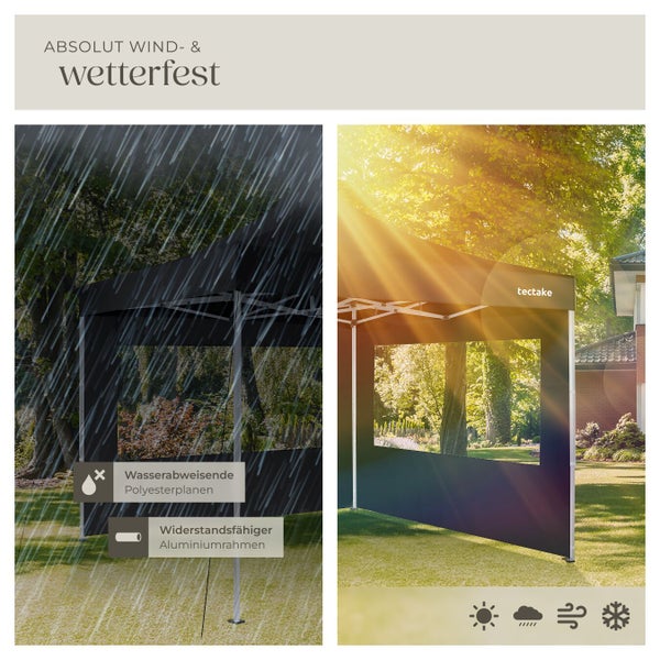 Wetterfester tectake Pavillon mit wasserabweisenden Polyesterplanen, Fenster und Aluminiumrahmen im Garten bei Regen und Sonnenschein.