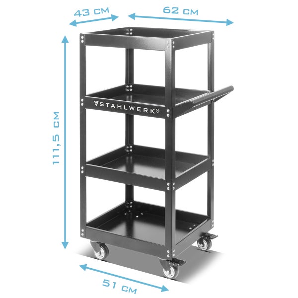 Werkstattwagen mit drei Ablagen und den Maßen 111,5 cm Höhe, 62 cm Breite und 51 cm Tiefe.