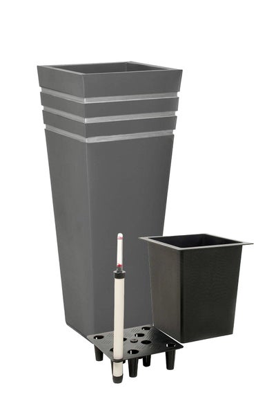 Quadratischer Pflanzkübel in Anthrazit mit Bewässerungssystem, herausnehmbarem Pflanzeinsatz und Wasserstandsanzeiger.
