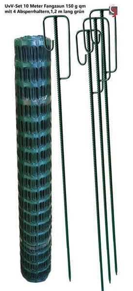 Fangzaun Set Zuschitte grün sehr reissfest + Absperrhalter grün lackiert / Set B = 25 m Zaun + 7 Halter