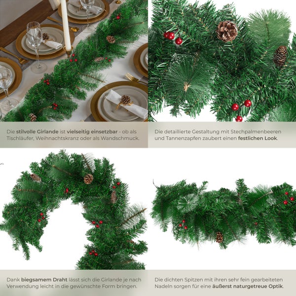 Dekorative Weihnachtsgirlande mit Tannenzapfen und Stechpalmenbeeren auf einem Esstisch