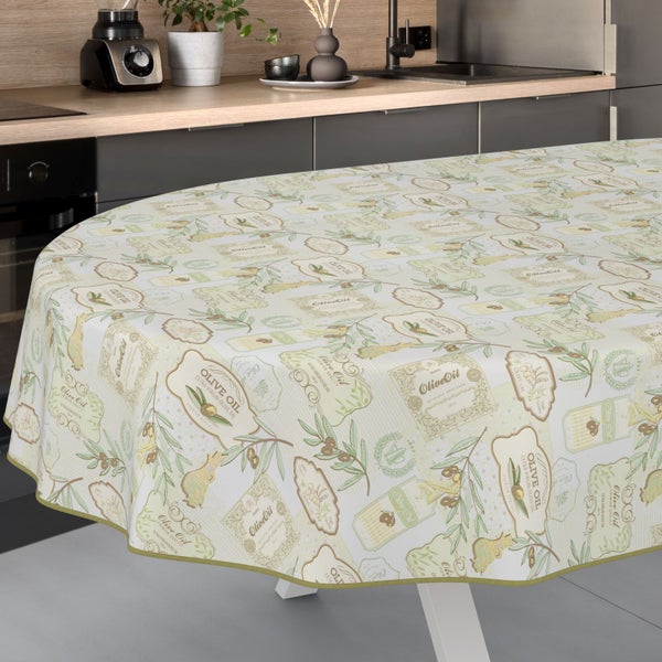Runde Tischdecke mit Olivenöl-Motiv in einer Küche