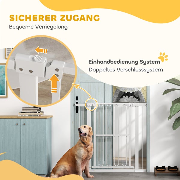 PawHut Türschutzgitter Hund, 76-104 cm Absperrgitter ohne Bohren, Treppengitter aus Stahl, Treppenschutzgitter, Schutzgitter, Sicherheitsgitter für Treppen, Tür, Flur, Weiß