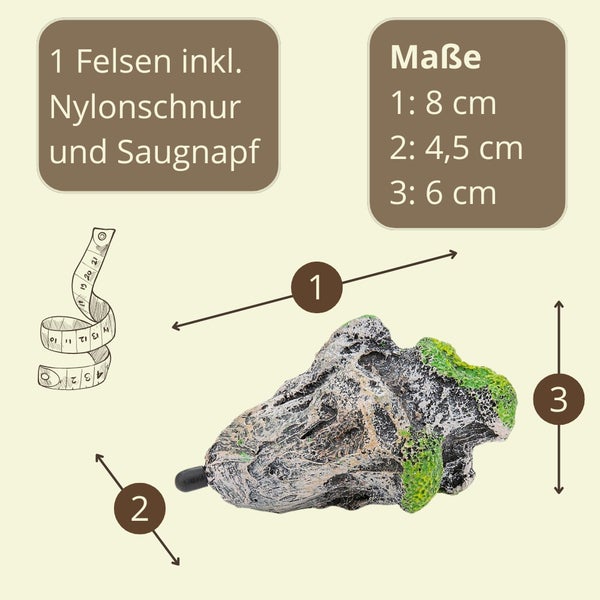 Dekorativer Felsen inklusive Nylonschnur und Saugnapf mit Maßangaben