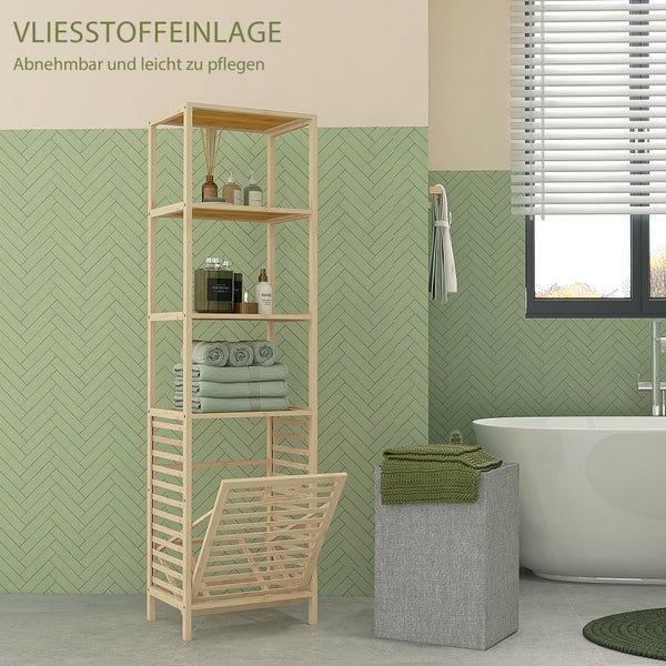 HOMCOM Badregal mit Wäschekorb, Badezimmerregal mit 3 Ebenen, Ausziehbarem Stoffkorb, Badschrank mit Kippschutz für Wohnzimmer, Badezimmer, Bambus, 44 x 33 x 160 cm