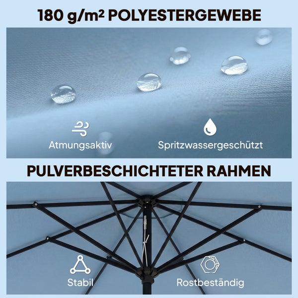 Gartenset bestehend aus einem quadratischen Tisch mit Holzplatte, vier Metallstühlen mit Textilbespannung und einem großen blauen Sonnenschirm.