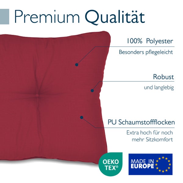 Quadratisches Sitzkissen aus Polyester mit PU Schaumstoffflocken Füllung Oeko Tex Zertifizierung und Made in Europe Siegel